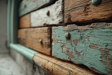 Poster - Close-up of an aged wooden drawer unit with distressed paint and rustic metal knobs, showcasing vintage texture and weathered detail, reminiscent of a reclaimed antique furniture piece.