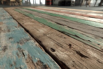Poster - Close-up of a weathered wooden surface with remnants of blue, green and red paint, showcasing the rustic texture and aged charm with a shallow depth of field focus.