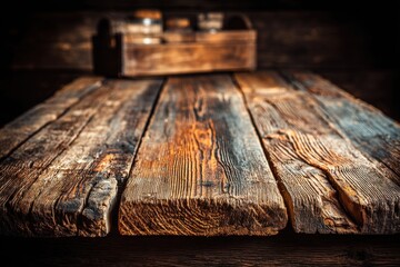 Poster - Rustic wooden surface with a blurred wooden box, perfect for product presentation. The rough wood grain and dark shadows add depth and create a vintage atmosphere.