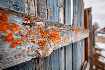 Poster - an old wooden fence shows its age with weathered planks and patches of orange lichen growing on the 