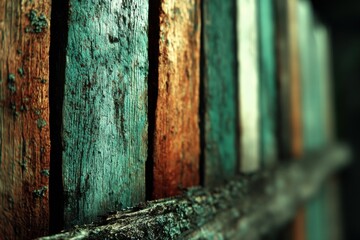 Poster - A close-up of rustic wooden planks, featuring weathered texture, teal and brown hues, creating a vintage, aged aesthetic, perfect for backgrounds and designs.