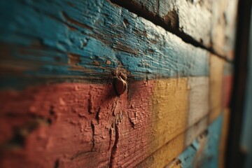 Poster - A textured close-up of a colorful wooden surface with peeling paint, showcasing blue, red, and yellow hues, weathered texture, with old nail.