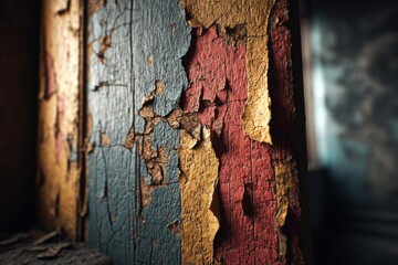 Poster - Close-up shot of old colorful paint peeling off a wooden surface, displaying various shades and textures that evoke feelings of decay and history.