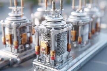 Poster - a macro shot capturing the intricate details of multiple vintage industrial vacuum tubes, showing th