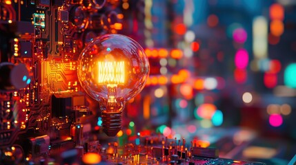 Poster - Illuminated idea, city backdrop, circuit board, innovation