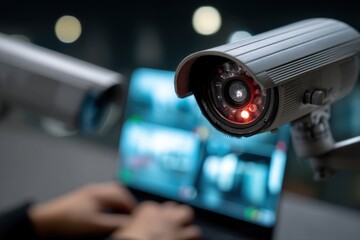 Poster - A close-up of surveillance cameras monitoring the screen of a laptop, emphasizing security and control, in a modern, high-tech environment.