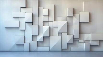 Poster - Abstract Geometric White Cube Wall Modern Minimalist Design Background Texture 3D Render Architectural Interior Contemporary Style Pattern Shapes Blocks Grey Room Light Elegant Clean Simple Structure 