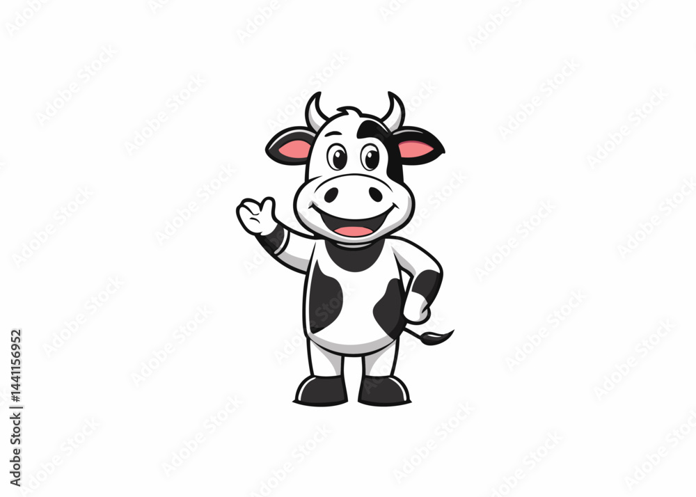 Hello Friend Cow Cheerful Cow Character: A charming cartoon cow waves hello with a ...