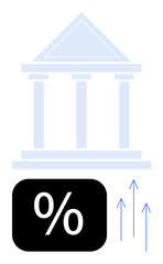 Poster - bank building and percentage icon with rising arrows representing financial growth, interest rates, 