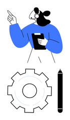 Poster - female agent gesturing, holding clipboard with headset, gear symbolizing process, pencil for creativ