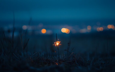 Poster - Close-up of a sparkler burning on a dark blue background with blurred city lights in the distance.