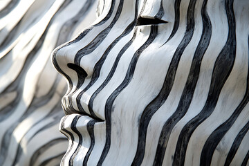Poster - Close-up of a face made from undulating white and black striped wood. 