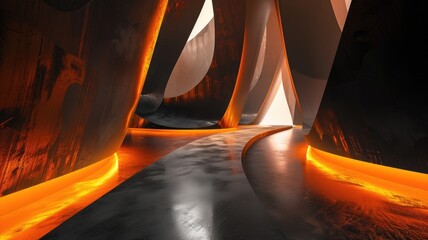 Poster - Abstract digital tunnel with glowing orange and black lines. Digital artwork of vibrant glowing orange color and black background. Futuristic technology and data flow concept. Cyber tunnel. AIG53.