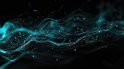 Poster - Abstract picture of turquoise particle with sparkle atom style design connect and flow show energy dynamic represent connection of star in universe or dust atom in space with mysterious scene. AIG53.