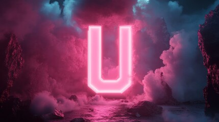 Poster - Glowing neon 'U' letter, mystical landscape, pink fog, rocks, digital art, background