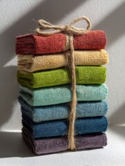 Poster - Stack of textured fabric swatches tied with twine, showcasing various colors and patterns in natural light.