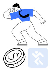 Poster - energetic businessman in tie making a bold move, dollar coin symbolizing financial motivation, succe