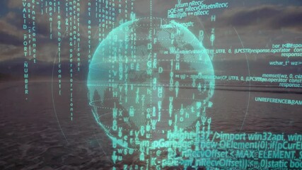 Poster - Holographic 3D globe floating above ocean horizon, projecting cascading code streams in neon teal