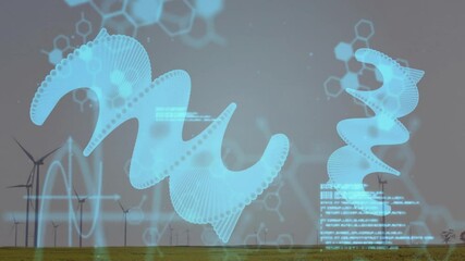 Poster - Translucent blue holographic waveforms floating over wind farm, displaying sine-wave line graph