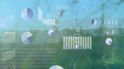 Poster - Digital data overlay animating over rural landscape, showing pie charts, bar graphs, line charts