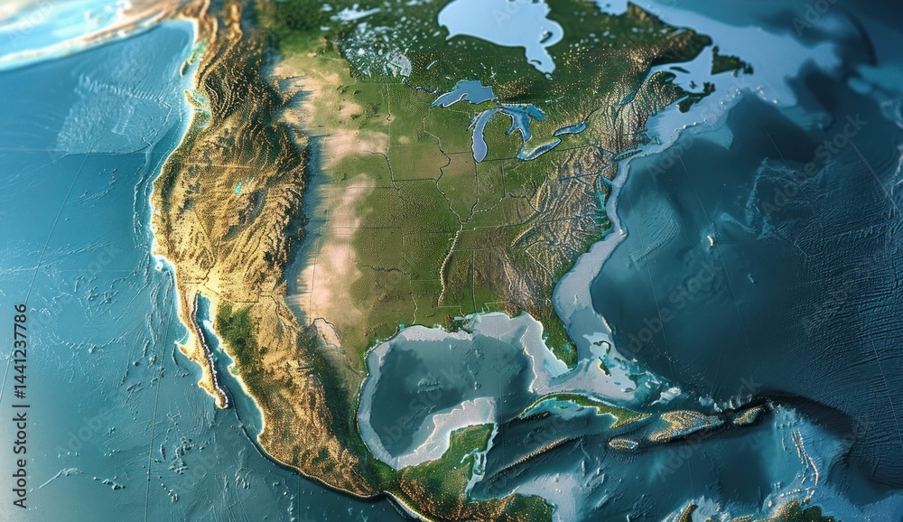 Topographic map of North America and surrounding waters showing land