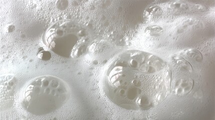 Poster - Soap bubbles clustering densely, creating white frothy surface with irregular shapes and translucent textures
