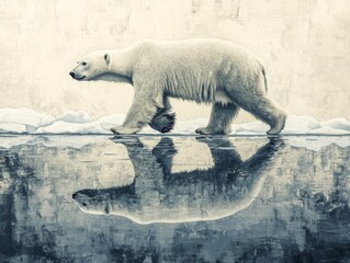 polar bear walking on floating ice in the arctic soft cold lighting reflecting off the icebergs envi