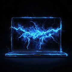 Poster - Laptop screen, blue lightning, dark background, power, technology concept