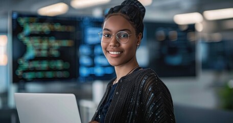 confident person standing in a modern office environment with computer code displayed on screens in the background, holding a laptop