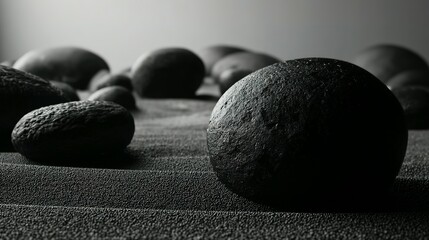 Poster - Close-up view of smooth stones on dark sand.