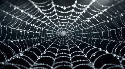 Intricate spiderweb glistening with tiny water droplets against a stark black background, highlighting its delicate and symmetrical structure.