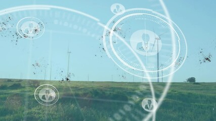 Poster - Wind turbines spinning on hillside while animated renewable energy HUD displaying business avatars