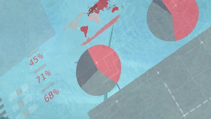Poster - Wind turbine silhouette floating, showing world map overlay, pie charts, schematic lines