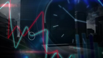 Poster - Circular gauge overlay dominating city skyline, showing neon red teal line charts and bar graphs