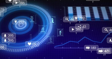 Poster - Futuristic circular HUD displaying avatar frames, social icons, rising line graph and bar chart