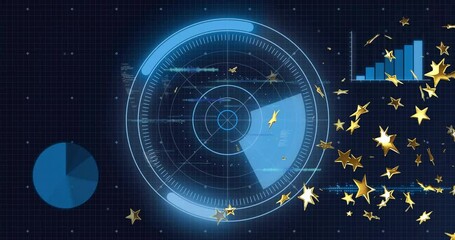Poster - Central circular radar HUD glowing on grid background while golden stars floating near blue charts