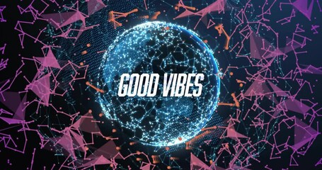 Poster - Digital network globe being animated featuring GOOD VIBES text, floating meshes and orange nodes