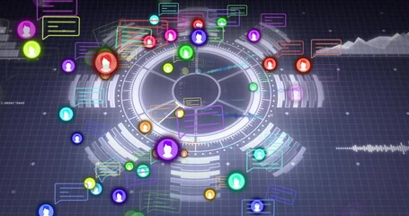 Fototapete - Central circular hub rotating amid segmented rings, user icons and chat bubbles illuminating grid