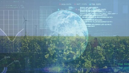 Poster - Digital farming scene showing expanding canola field under wind turbines with globe data overlays