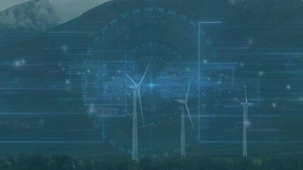 Poster - Three wind turbines rotating above valley, displaying glowing blue data gauges in flat design
