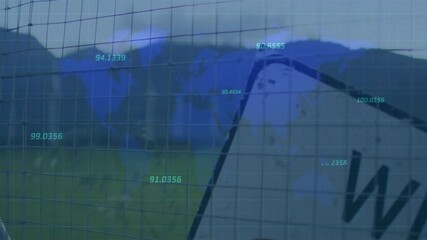 Poster - Global energy data being animated in 3D wind farm scene, showing map, grid overlay, numeric labels