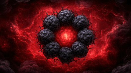 Poster - Dark Abstract Design with Fiery Red Background and Intricate Black Structure Formations