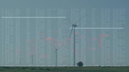Poster - Wind turbines rotating over grassland blending with floating code overlay in flat design