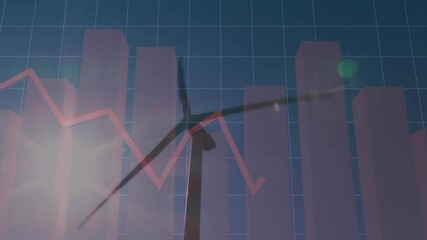 Poster - Wind turbine silhouette animating in grid scene, showing red bars rising and zigzag trend