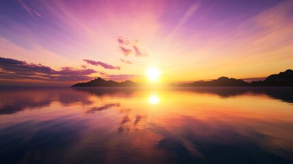 Poster - Spectacular colorful sunset over the ocean with gentle waves and soft light reflecting on the calm surface of the water at dusk
