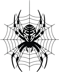 black and white bold vector of a spider weaving web, isolated on white background.