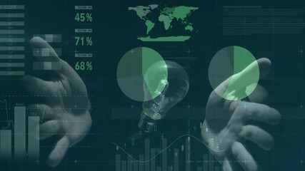 Poster - Incandescent light bulb floating amid dark digital HUD scene, displaying pie charts and bar charts