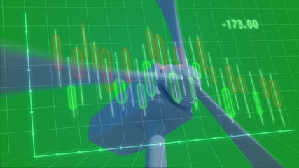 Poster - Three-blade wind turbine rotor floating within green grid, with candlestick overlays in 3D render