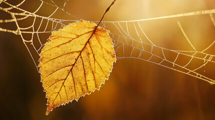 Autumnal leaf caught in the delicate embrace of a dew-kissed spiderweb