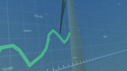 Poster - wind turbine silhouette being visualized behind blue grid overlay, showing green line graph trends